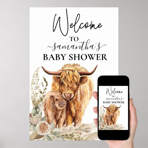 Welcome Highland Cow Calf Baby Shower Boho Poster  Zazzle Cow Baby Shower Theme, Cow Baby Shower Invitations, Cow Baby Shower, Cow Nursery, Baby Shower Boho, Cow Baby Showers, Cowboy Baby Shower, Baby Shower Theme Decorations, Western Baby