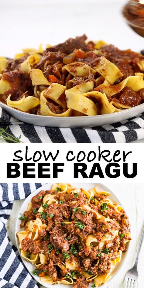 Set your crock pot and come home to an authentic Italian dinner of slow cooker beef ragu. This easy, healthy recipe is braised, cooked on low and falls apart to make a rich, protein-filled sauce you can serve with pappardelle, veggie noodles or even polenta. Your family will love it and it’s an easy one to throw in the freezer. #slowcooker #crockpot #dinner #beefragu #glutenfree #whole30 #paleo #weeknight #meal Slow Cooker Beef Ragu, Beef Shin, Lazy Cooking, Vj Cooks, Makanan Italia, Beef Ragu, Ragu Recipe, Veggie Noodles, Pasta Lover