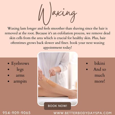 Waxing has many great benefits such as less regrowth, finer regrowth, and waxing banishes shaving rashes. Book today by giving us a call at 954-909-9065! #wax #spa #skincare #hairfree Wax Captions, Wax Specialist Aesthetic, Esthetician Marketing Waxing, Waxing Post Ideas, Waxing Advertisement, Waxing Wallpaper, Waxing Template, Brazilian Wax Quotes, Body Wax Aesthetic