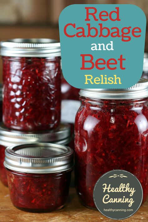 Red Cabbage and Beet Relish. A delicious, beautiful-looking relish that is good with anything from sausage on a bun to the side of a plate of a roast supper. This recipe is very easy to make. You can let a food processor do all the hard work, and you can just do the assembly and claim the credit. It’s really inexpensive to make, too, and makes a wonderful small gift at Christmas for someone. Sugar and salt free, too! #canning Sausage On A Bun, Cabbage Relish, Canning Cabbage, Beet Relish, Healthy Canning, Canning Beets, On A Bun, Relish Recipe, Canned Food Storage