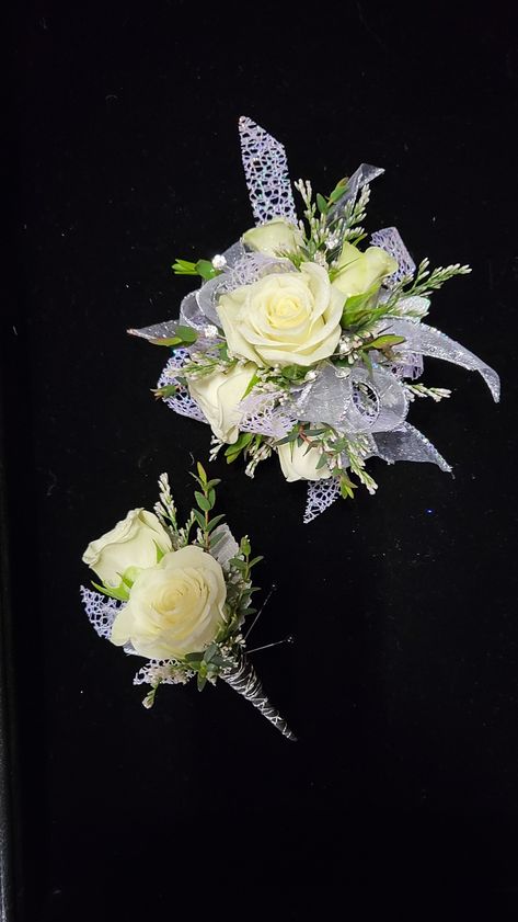 White rose corsage and bout White And Silver Corsage And Boutonniere, White Rose Corsage And Boutonniere, White And Silver Corsage, White Corsage And Boutonniere, Prom Corsage White, Formal Corsage, White Rose Corsage, Silver Corsage, Prom Flowers Corsage