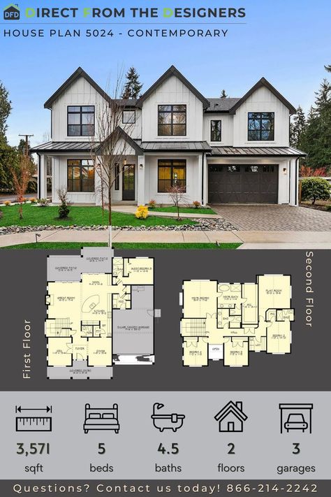 This farmhouse house plan may be a twinkle in your eye! This two-story with entryway columns includes five bedrooms, four and a half baths, and has 3,571 square feet of living area. If you like to have friends over, the living room and classic dining room flow together in this home plan. Five Bedroom House Plans Two Story, Four Bedroom House Plans Two Story, House Plans 3 Story, Floor Plans Two Story, Entryway Columns, Family Home Floor Plans, Cozy Home Exterior, Diy Tiny House Plans, Chloe's Closet