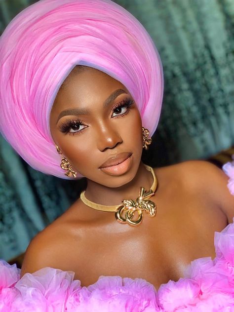 Net Gele Styles, Bridal Gele Styles, Gele Styles, Soft Glam Makeup, African Inspired Fashion, Soft Glam, Pink Tulle, African Beauty, Classy Chic