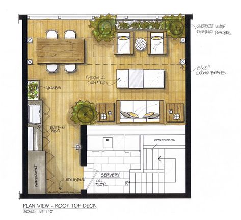 A rooftop deck with custom outdoor kitchen, built-in storage, modern dining table, Restoration hardware outdoor lounge furniture and ottoman that converts to a sunbed. See progress pics on the  CREED Blog in link. |  Plan by:  CAROL REED INTERIOR DESIGN Deck Design Plans, Urban Rooftop, Deck Renovation, Terrasse Design, Terrace Floor, Deck Layout, Rooftop Terrace Design, Rooftop Design, Interior Design Sketches