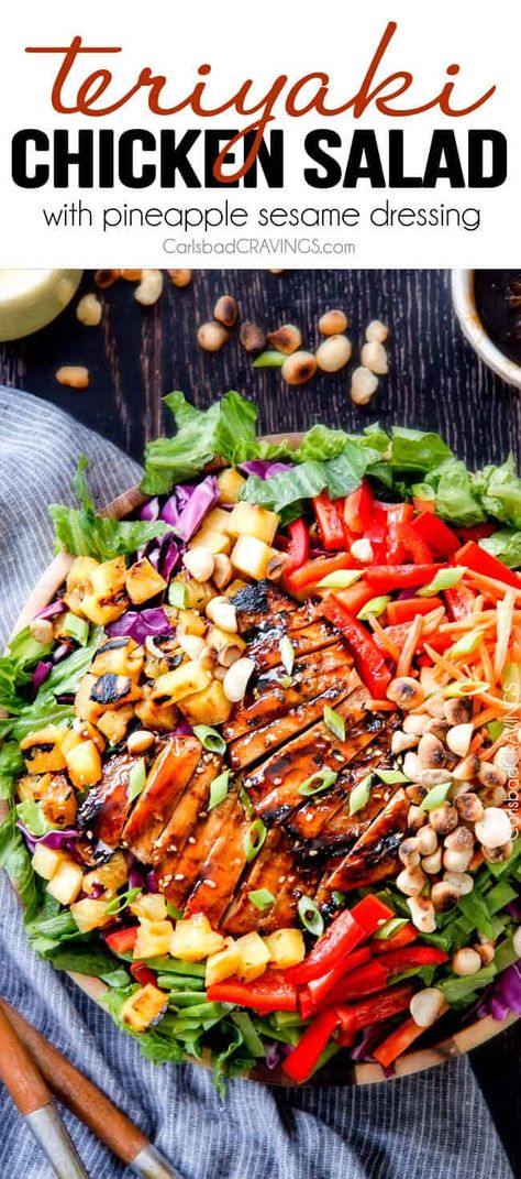 Steak 48, Spinach Side, Teriyaki Chicken Salad, Chicken Salad With Pineapple, Grilling Ideas, Carlsbad Cravings, Sesame Dressing, Dinner Side, Dinner Salad