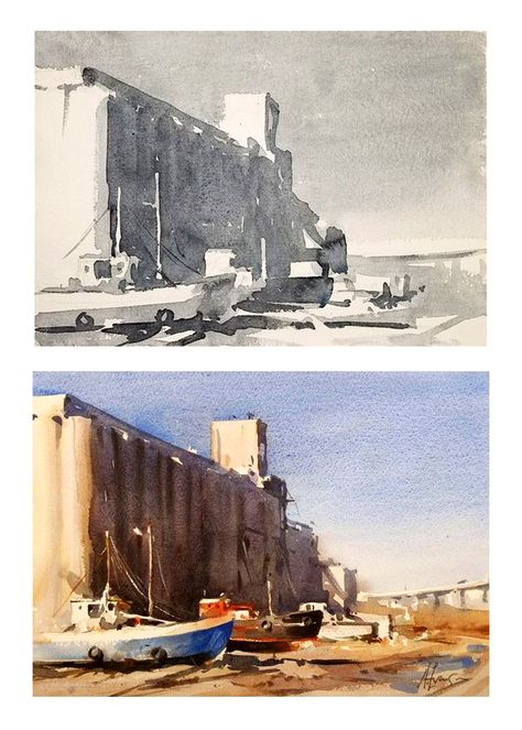 Andy Evansen ·     Value study to painting. 'Storage Space', watercolor. Duluth. Value Study Art, Value Watercolor Painting, Watercolor Value Study, Nature Study Painting Watercolor, Andy Evansen Value Study, Tonal Studies, Atmospheric Perspective Watercolor, Andy Evansen Watercolors, Andy Evansen