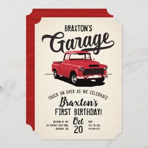 $3.20 | Vintage Truck Birthday Party Invitation #truck, birthday, vintage, boy birthday, retro, rustic, classic, vintage truck, construction, red Vintage Truck Birthday, Truck Birthday Party Decorations, Mechanics Birthday, Truck Birthday Party, Truck Birthday, Photo Birthday Invitations, Trucks Birthday Party, First Birthday Themes, Retro Birthday