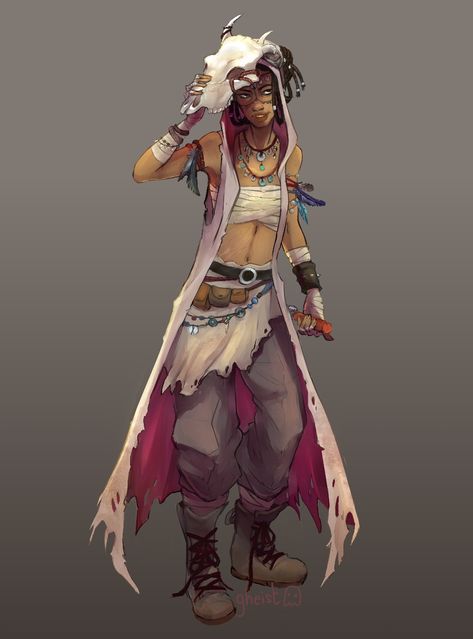 Shaman Outfit Character Design, Desert Druid Dnd, Dnd Shaman, Desert Fantasy Clothing, Desert Clothing Concept Art, Dnd Desert Character, Desert Character Design, Shaman Outfit, Desert Druid