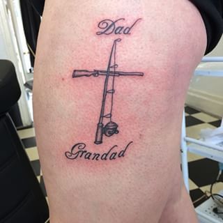 Tattoo idea Fishing Pole Tattoo Grandpa, Fishing Rod Tattoo, Fishing Pole Tattoo, Farmer Tattoo, Grandparents Tattoo, Fly Fishing Tattoo, Fishing Hook Tattoo, Tattoos For Dad Memorial, Hook Tattoos