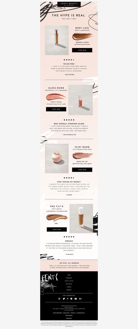 fenty product feature with reviews Beauty Newsletter Design, Review Page Design, Product Email Design Layout, Review Email Design, Beauty Email Design, Skincare Email Design, Email Blast Design, Newsletter Design Layout Creative, Skincare Newsletter