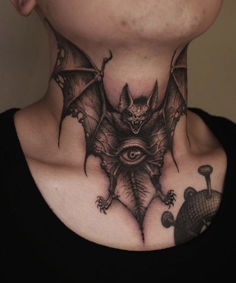 Bat Tattoo Neck, Bat Head Tattoo, Bat Neck Tattoo, 808 Tattoo, Bat Tatoos, Bat Tattoo Design, Chest Neck Tattoo, Bat Tattoos, Front Neck Tattoo