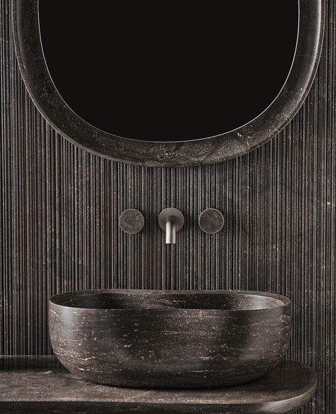 CNC Pietra d’Avola Bathroom Dark Stone Bathroom, Stone Basin Bathroom, Contemporary Bathroom Design, Cleaning Stone, Yabu Pushelberg, Basin Bathroom, Dark Bathrooms, Contemporary Bathroom Designs, Stone Bathroom