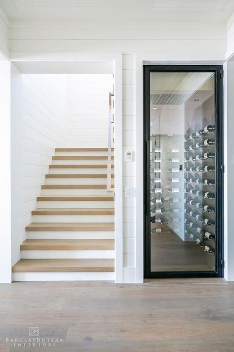 Wine Cellar Under Stairs, Modern Stairway, Wine Cellar Closet, Under Stairs Wine Cellar, Beach House Coastal, Wine Cellar Basement, Glass Wine Cellar, Wine Cellar Door, House Coastal