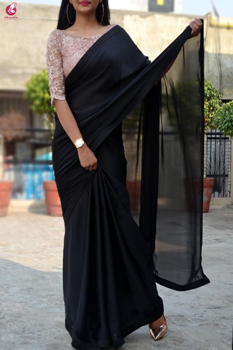 Latest Black Saree Designs, Accessories On Saree, Blouse Designs For Satin Saree, Black Satin Saree Look, Satin Saree Blouse Designs Latest, Black Saree Look Traditional, Black Net Blouse Designs Latest, Black Saree For Farewell, Satin Saree Blouse Designs