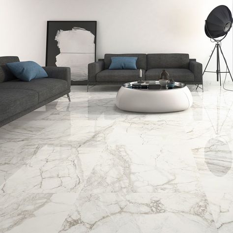 Brouille White Marble Effect 75x37 Polished Tiles Tiles Alaska Granite, Volakas Marble, Hampton Style Home, Floor Pattern Design, Italian Marble Flooring, Tiles Living Room, Marble Flooring Design, Tile Floor Living Room, Interior Mood Board