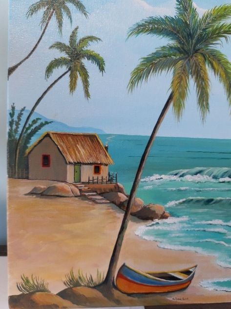 Beach Painting Tutorial, Scenery Canvas Painting, Beginners Acrylic Painting, Beach Sunset Painting, Painting On Canvas For Beginners, Beach Art Painting, Black Canvas Paintings, Landscape Painting Tutorial, Easy Painting Ideas