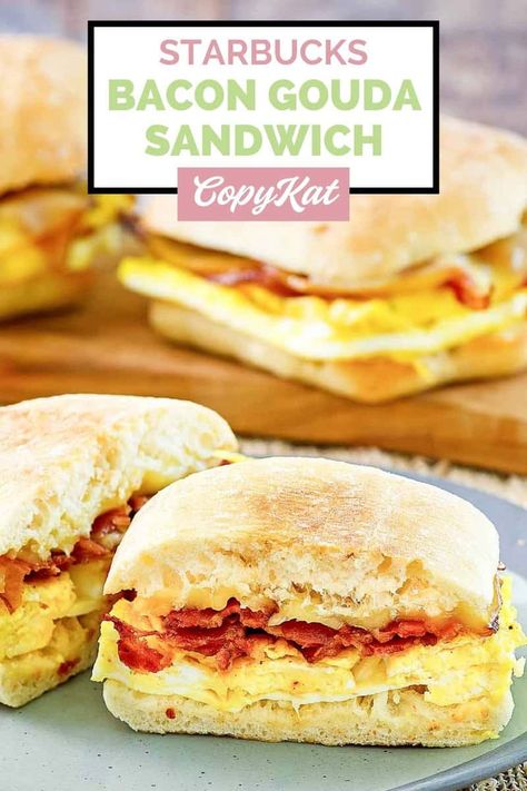 Save money and learn how to make Starbucks Bacon Gouda Sandwich at home with this easy copycat recipe. Enjoy a ciabatta roll filled with crispy bacon, fluffy egg, and gouda cheese for a hearty breakfast sandwich that will keep you satisfied all morning. Bacon Gouda Sandwich, Starbucks Breakfast Sandwich, Canadian Bacon Breakfast, Starbucks Sandwiches, Gouda Sandwich, Starbucks Breakfast, Egg Sandwich Recipe, Ciabatta Roll, Egg And Cheese Sandwich