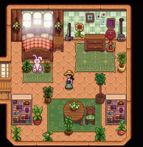 Stardew Valley House Interior Birch, Stardew Valley Indoor Design, Stardew Mine Decor, Stardew Valley Small House Interior, Stardew Valley Guest House, Stardew Valley Farm Layout Standard Cute, Stardew Farmhouse Design, Stardew Valley House Interior No Mods Pink, Stardew Valley House Interior 1st Upgrade