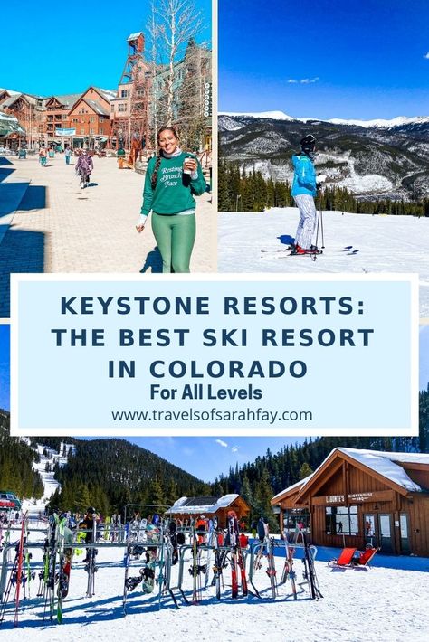 Top left image Sarah travel blogger with coffee in River Run Village, top right Sarah skiing at Keystone Resort, and bottom photo is Labonte's bbq on mountain dining and ski rack. Best Family Ski Resorts, Colorado Ski Trip, Keystone Ski Resort, Dillon Colorado, Colorado Resorts, Vail Resorts, Keystone Colorado, Colorado Ski Resorts, Family Ski