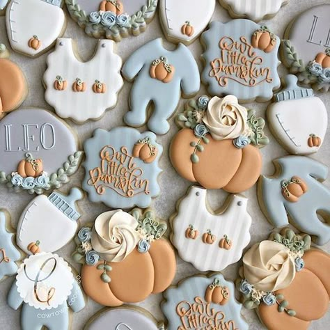 Baby Shower Cookies For Boy, Fall Baby Shower Decor, Pumpkin Theme Baby Shower, Lil Pumpkin Baby Shower, November Baby Shower, Baby Boy Cookies, Fall Baby Shower Themes, October Baby Showers