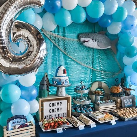 Shark Birthday Party Ideas, Shark Themed Party, Ocean Birthday Party, Birthday 2023, Shark Themed Birthday Party, Fishing Birthday Party, Ocean Birthday, Boy Birthday Party Themes, Shark Birthday Party