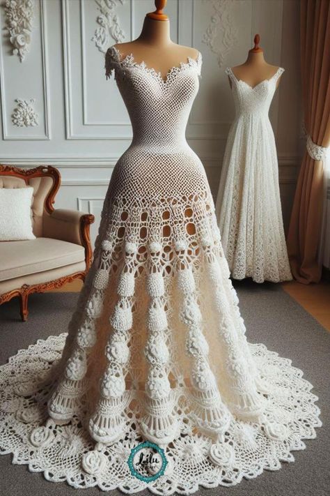 Crochet Wedding Dress Crochet Prom Dresses, Crochet Gown, Crochet Wedding Dress, Crochet Wedding Dress Pattern, Crochet Wedding Dresses, Summer Dress Patterns, Wedding Dress Patterns, Mode Crochet, Amazing Crochet