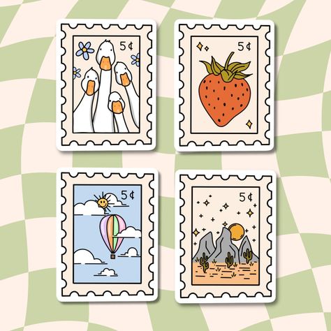 Waterproof Stamp Stickers  ⋒ S i z i n g ⋒ 1.5x2 inches  ⋒ S t y l e s ⋒ +Strawberry Stamp +Desert Stamp +Duck Stamp + Balloon Stamp +One of each (4 pack) *Save $2* ⋒ M a t e r i a l s ⋒ Glossy sticker paper, waterproof stickers are made with vinyl sticker paper and sealed with a clear vinyl.  ⋒ W a t e r p r o o f ⋒ Note* Stickers are hand wash only. NOT dishwasher friendly. For best results and to prolong the life of your label, apply to clean dry surface. Stickers adhere best to smooth surfac Post Stamp Sticker, Strawberry Stamp, Flower Water Bottle, Duck Stamp, Stamp Stickers, Sticker Aesthetic, Flower Water, Stickers Laptop, Vinyl Sticker Paper