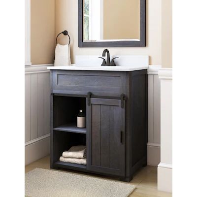 Boston Loft Furnishings Bains 32-in Single Sink Bathroom Vanity with White Speckled, Black Galaxy Granite Top in the Bathroom Vanities with Tops department at Lowes.com Bathroom Vanity Small, Lowes Bathroom Vanity, Lowes Bathroom, Small Bathroom Sinks, Farmhouse Vanity, Bathroom Sink Cabinets, Small Bathroom Vanities, Boys Bathroom, Half Bathroom