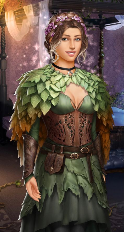 Leaf Cape, Choices Game, Ren Fest, Fantasy Pictures, One With Nature, Angel Art, Character Portraits, Main Characters, Green Dress