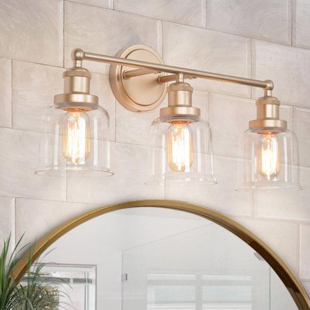 Everly Quinn Denroy 3 - Light Dimmable Gold Vanity Light | Wayfair Rose Gold Vanity, Gold Vanity Light, Bathroom Theme, Glam Bathroom, Gold Vanity, Vanity Lights Bathroom, Bathroom Themes, Gold Bathroom, Bathroom Wall Sconces