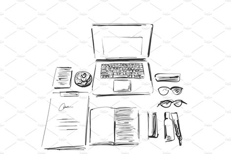 Workplace organization,stationery elements on table. Sketch office work desk. Business,school consept. Computer. , #AD, #elements#table#Sketch#Workplace #Ad Cluttered Desk Drawing, Messy Desk Drawing, Desk Drawing Sketch, Organization Drawing, Desk Sketch, Sketch Office, Office Sketch, Workplace Organization, Computer Sketch