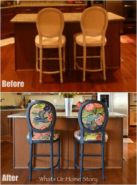 Reupholster Bar Stools, Jacobean Fabric, Reupholstering Chairs, Goodwill Upcycle, Fabric Bar Stools, Bar Stool Makeover, Fabric Bar, Fabric Bar Stool, Mid Century Bar