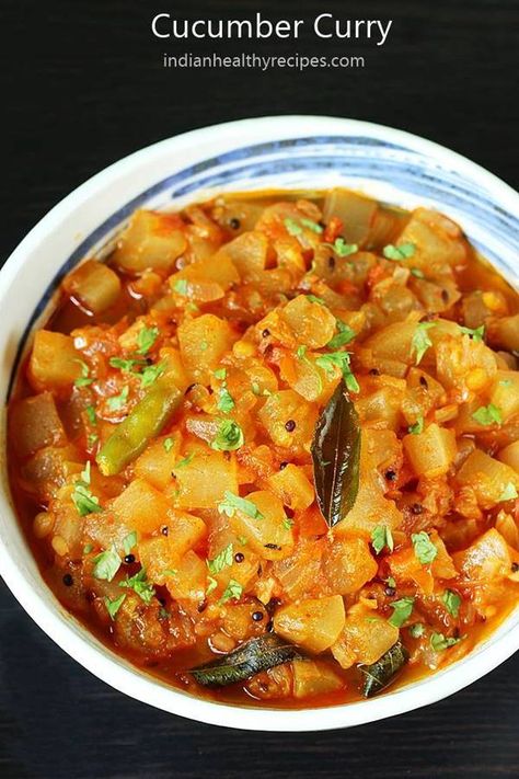 Cucumber curry or dosakaya curry is a simple, quick and delicious curry made with yellow cucumbers, spices, onions and herbs. #cucumbercurry #dosakayacurry via @swasthi Cucumber Recipes Indian, Indian Cucumber Recipes, Yellow Cucumbers, Indian Vegetable Curry, Indian Vegetables, Indian Cucumber, Vegetable Curry Recipes, Lunch Recipes Indian, Andhra Recipes