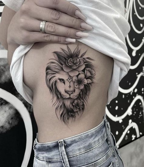 Female Ribs Tattoo Ideas, Lion Tattoo For Women Chest, Side Rib Tattoo Cover Up, Lion Tattoo For Women Ribs, Lion Side Tattoo Women, Feminine Beauty Tattoo, Female Lion Tattoo With Crown, Women Rib Tattoo Side Tat Cover Up, Leo Rib Tattoo