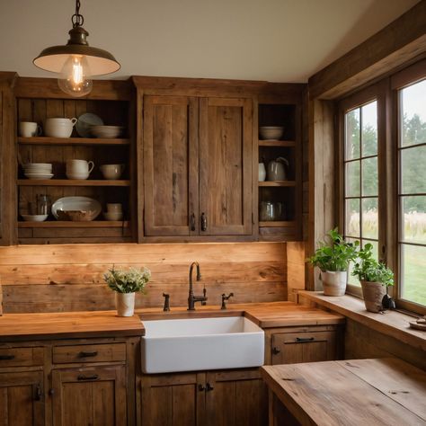 A cozy farmhouse kitchen with reclaimed wood cabinets, a traditional farmhouse sink, and vintage pendant lighting, offering a rustic and welcoming atmosphere. #FarmhouseKitchen #ReclaimedWood #FarmhouseSink #VintageLighting #Rustic Knotty Pine Kitchen, Cozy Farmhouse Kitchen, Pine Kitchen Cabinets, Reclaimed Wood Cabinet, Rustic Farmhouse Kitchen Cabinets, Pine Cabinets, Pine Kitchen, Farmhouse Kitchen Cabinets, Pinot Gris