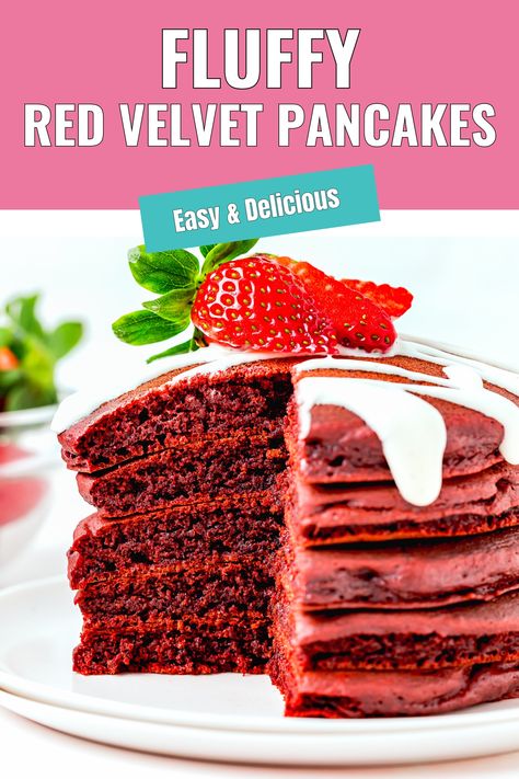 Fluffy Red Velvet Pancakes stack on a plate. Pancakes No Eggs, Eggless Breakfast, Red Velvet Desserts, Egg Free Breakfast, Red Velvet Pancakes, Flavored Pancakes, Eggless Recipes, Pancakes Easy, Christmas Breakfast