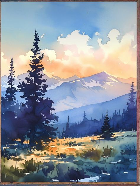 Abstract Tree Painting, Diy Watercolor Painting, Watercolour Inspiration, Watercolor Projects, Landscape Art Painting, Watercolor Mountains, Art Aquarelle, Watercolor Landscape Paintings, Watercolor Art Lessons