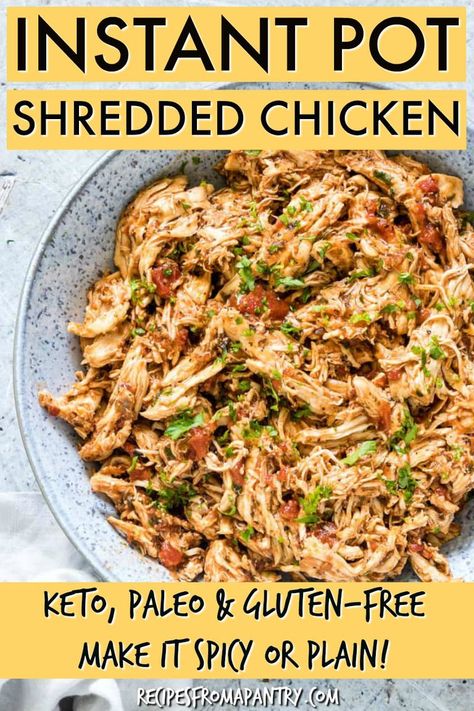 Make EASY Instant Pot Shredded Chicken! I give you the recipe for both spicy shredded chicken (awesome for tacos) and plain shredded chicken so you can make the perfect shredded chicken recipe for you. Serve immediately, or refrigerate or freeze your pressure cooker shredded chicken for easy meal prep. #instantpot #instantpotrecipes #instantpotchicken #instantpotshreddedchicken #mealprep Plain Shredded Chicken, Pressure Cooker Shredded Chicken, Spicy Shredded Chicken, Instant Pot Shredded Chicken, Shredded Chicken Recipe, Instant Pot Freezer, Instant Pot Freezer Meals, Shredded Chicken Recipes, Healthy Instant Pot Recipes