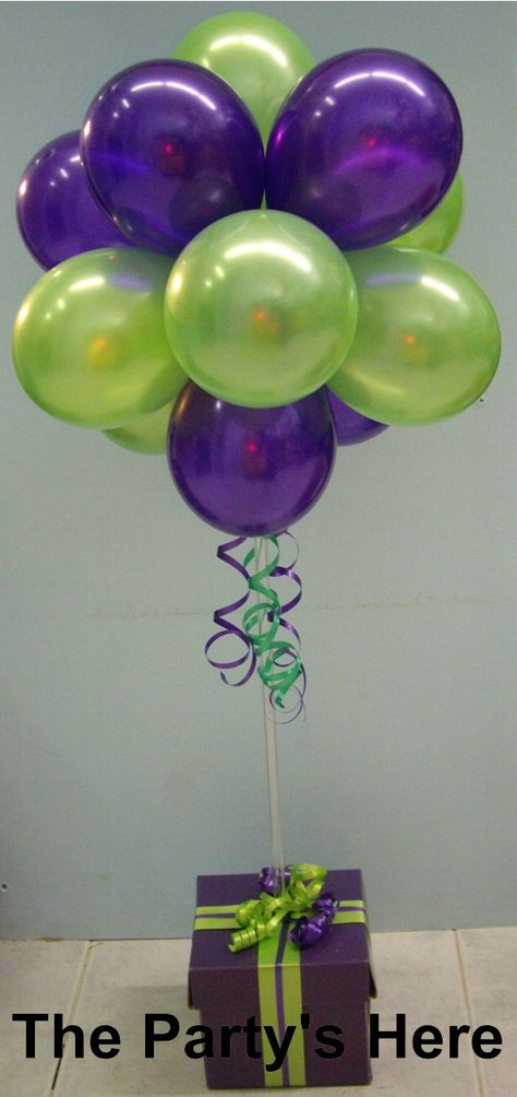 Could do with green, brown, black, tan balloons and maybe army hats at bottom or gift box - use speaker stands as base: Topiary Tree Arrangement with box and ribbon. Tree Arrangement, Giraffe Birthday Parties, Balloon Topiary, Purple Party Decorations, Giraffe Birthday, Topiary Tree, Kids Themed Birthday Parties, Purple Balloons, Balloon Arrangements