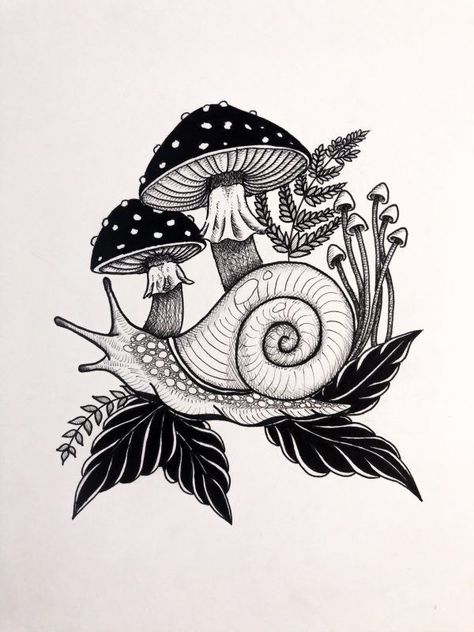 Snails And Mushrooms, Snail Tattoo, Alice In Wonderland, Tattoos, Art