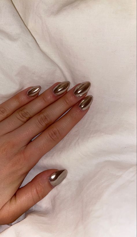 Round Chrome Nails, Taupe Chrome Nails, Dark Brown Metallic Nails, Chrome Nails Designs, Subtle Nails, Almond Nails Designs, Metallic Nails, Nail Jewelry, Kawaii Nails