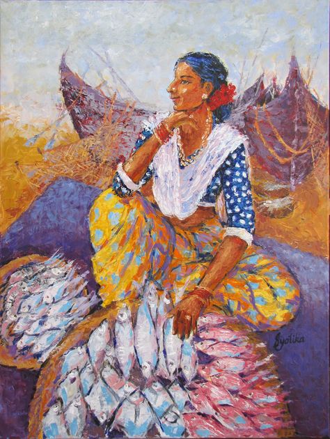 Jyotika Shroff Acrylic Painting —  The Fisher Woman, 30" x 40" "Koli" The fisherwomen of Mumbai! Random Activities, Mumbai Travel, Fisher Woman, Color Theory Art, Umbrella Painting, Composition Painting, Human Figure Sketches, Dancing Drawings, Applied Art