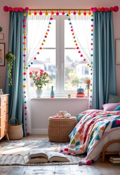 Boho Bedroom Curtain Ideas Rainbow Pom Pom Curtains, Unusual Curtain Ideas, Baby Room Curtain Ideas, Diy Crochet Curtains, Curtain Kids Room, Dip Dye Curtains, Boho Window Treatments, Curtains For Girls Bedroom, Trim Curtains