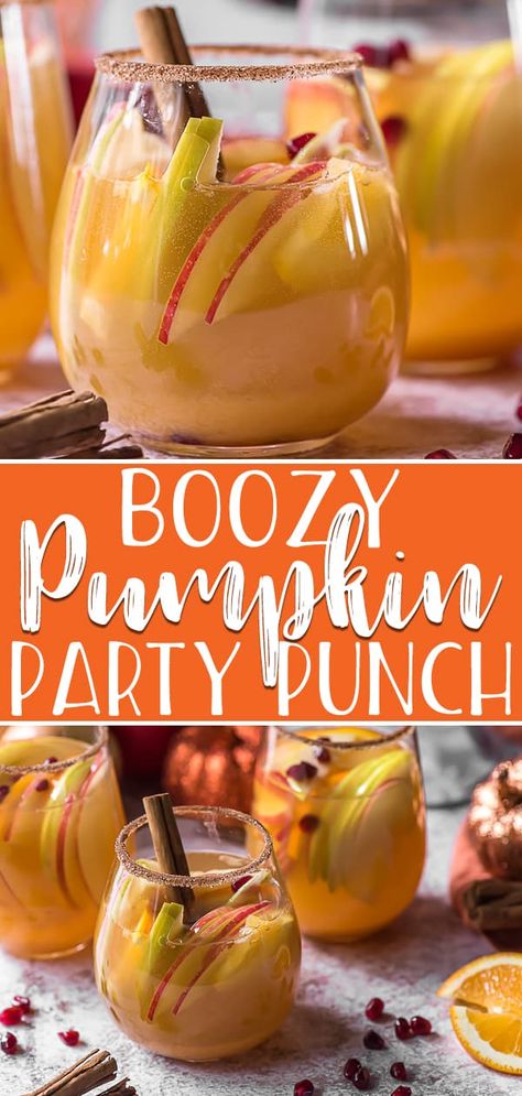 Jazz up your fall with this juicy Boozy Pumpkin Party Punch! Infuse some fantastic autumn fruit with this festive blend of two wines, spiced rum, and pumpkin-spiced apple cider and enjoy it around a campfire tonight! Pumpkin Rum Drinks, Pumpkin Pie Sangria, Pumpkin Spice Apple Cider Cocktail, Pumpkin Spice Sangria, Autumn Beverages, Boozy Cocktails, Pumpkin Punch, Pumpkin Pie Syrup, Autumn Fruit