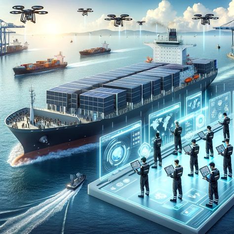 Seafarers standing on a dock looking at laptops while drones circle a container ship Cruise Ship, Need To Know, Quick Saves