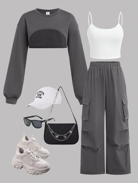 Casual Outfits For Teens Girls Simple, Shein Teen Girl Outfits, Clothes For Teens Girls Outfits, Outfits For Teenagers Girl, Clothing Astethic Types, Gray Casual Outfit, Aesthetic Outfits For Teens, Clothes For Teenage Girls Outfit, School Clothes For Teens