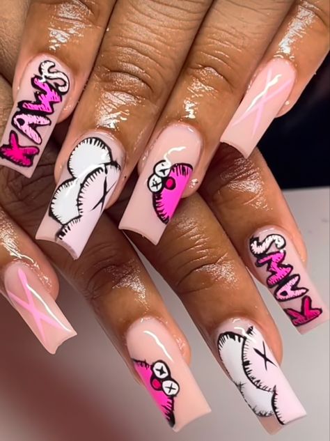 Hand Drawn Acrylic Nail Designs, Square Nails Ideas Medium Simple, Medium Length Birthday Nails, Classy Baddie Nails Short, Kaw Nails, Kawaii Nail Designs, Graphic Nails, Kaws Nails, Short Coffin Nails Designs