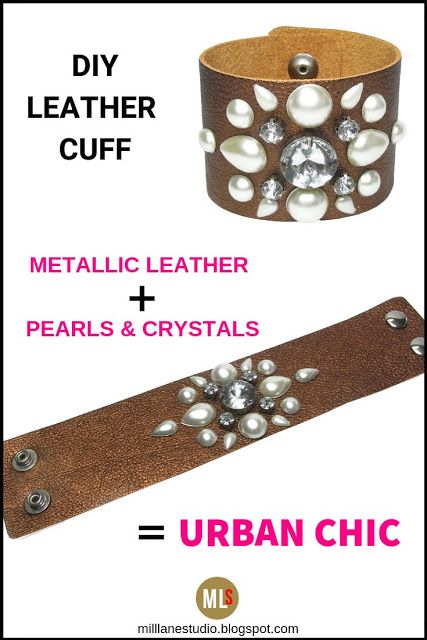 Urban Chic! Combine pearls and crystals with metallic Bronze Leather for a really classy leather cuff. This is an easy DIY project that uses snap studs to turn a leather strip into a trendy boho pearl and crystal bracelet cuff. #MillLaneStudio #diyleatherbracelets #leatherjewelrydiy #easyleatherbracelet #leathercuffs #jewelrymaking Leather Cuff Diy, Leather Cuff Bracelet Diy, Bracelet En Cuir Diy, Cuff Bracelets Diy, Cuffs Diy, Diy En Cuir, Leather Tutorial, Studs Diy, Leather Jewelry Making