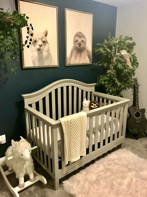 Llama Room Decor, Green Nursery Grey Crib, Dusty Blue And Sage Nursery, Grey Crib Nursery Boy, Boy Nursery Grey Crib, Gray Crib Nursery Color Schemes, Gray Crib Nursery Boy, Nursery Grey Crib, Nursery With Grey Crib