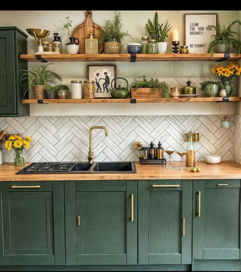 Kitchen Interior Inspiration, Boho Kitchen Ideas, Bohemian Kitchen, Blue Kitchen Cabinets, Casa Vintage, Boho Kitchen, Green Kitchen, Kitchen Designs, Retro Kitchen